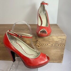 BCB Girls VTG Pinup Platform Heels SZ 8B Red Peep Toe Retro Secretary 50s Style